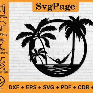 Beach Wave Ocean Palm Tree corte láser svg dxf png archivos pared arte pegatina Glowforge silueta plantilla cnc corte digital descarga instantánea
