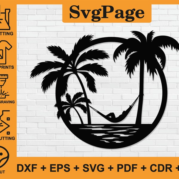 Beach Wave Ocean Palm Tree laser cut svg dxf png files wall art sticker glowforge silhouette template cnc cutting digital instant download