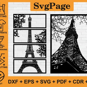 Eiffel Tower Paris laser cut svg dxf files wall sticker engraving decal template paper cnc cutting router digital vector prints download