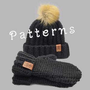 May include: Black crochet beanie with a faux fur pom pom and matching fingerless gloves. The beanie and gloves have a brown leather patch with the text "K Crochet" on them. The text "Patterns" is written in white on a gray background.