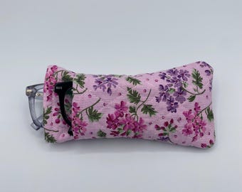 Estuche acolchado de bolsillo suave con diseño floral para gafas de sol y gafas de vista dobles en rosa y morado