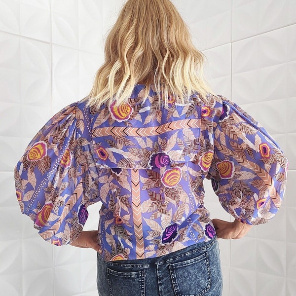 Vintage 80s Purple Floral Blouse Chiffon Shirts Strings Dolman Sleeve Sheer S M