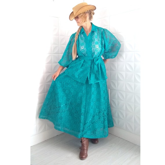 80s Puff Sleeve Maxi Green Lace Dress 2 Piece Puf… - image 2