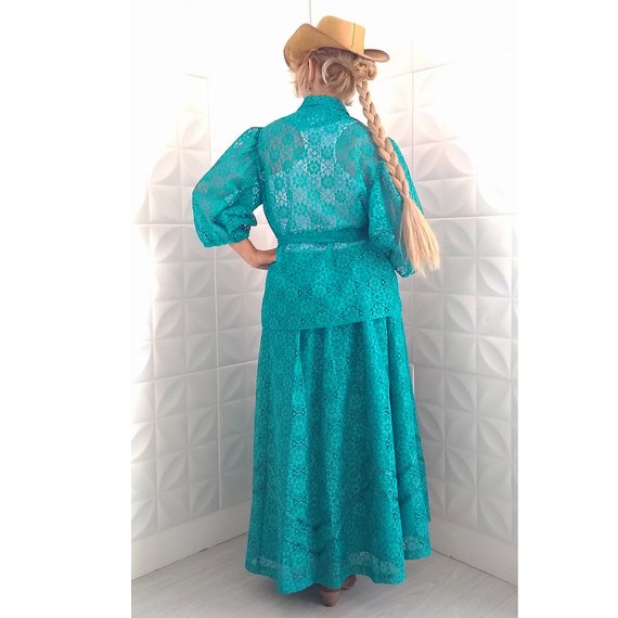 80s Puff Sleeve Maxi Green Lace Dress 2 Piece Puf… - image 4