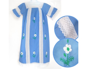 Vintage 60s 70s Mexican DRESS Muumuu Hand Embroidered Blue Floral Summer Tunic Boho M