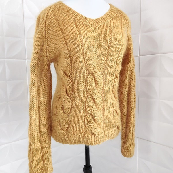 Vintage 70s Hand Knit Mohair Sweater Mustard Yellow Cable Chunky Fitted Cozy Warm Long Sleeve V-Neck M L XL