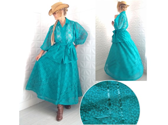 80s Puff Sleeve Maxi Green Lace Dress 2 Piece Puf… - image 1