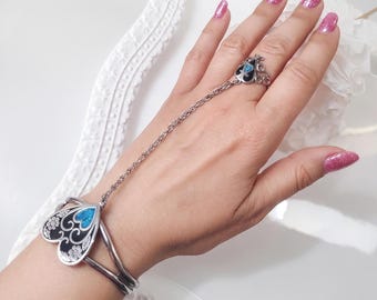 80s Heart Cuff Slave Bracelet Chain Ring Turquoise Chip Floral Vintage Southwestern 8.5