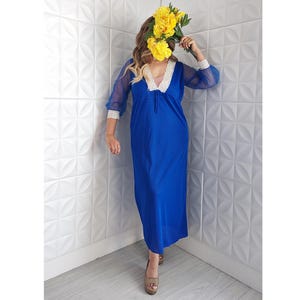 Vintage Glencraft Lace Nylon Slip Dress V-Neck Silky Blue Nightgown Sheer Arm L