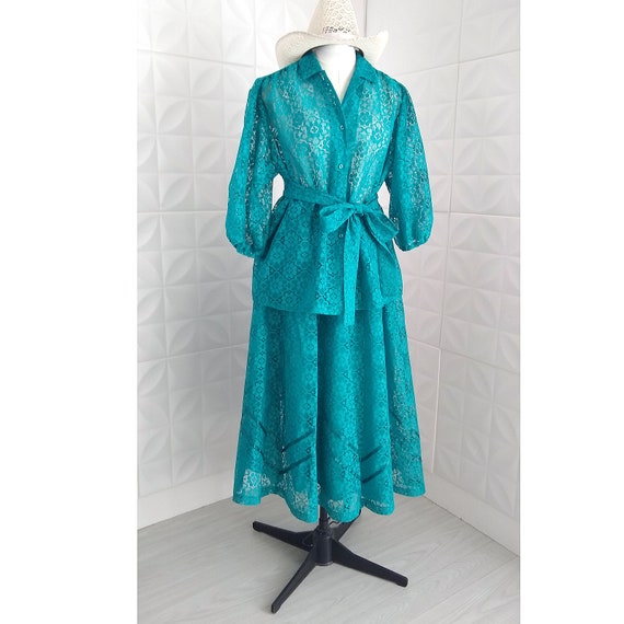 80s Puff Sleeve Maxi Green Lace Dress 2 Piece Puf… - image 3