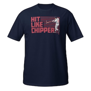 May include: Navy blue t-shirt with a red graphic of a baseball player swinging a bat. The graphic includes the text "HIT LIKE CHIPPER".