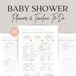 May include: A printable checklist for planning a baby shower. The checklist includes sections for food, decor, games, activities, beverages, party favors, and a playlist. The checklist is designed to help plan a baby shower two months before the event.