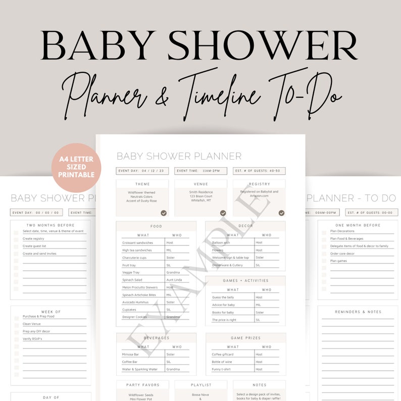May include: A printable checklist for planning a baby shower. The checklist includes sections for food, decor, games, activities, beverages, party favors, and a playlist. The checklist is designed to help plan a baby shower two months before the event.