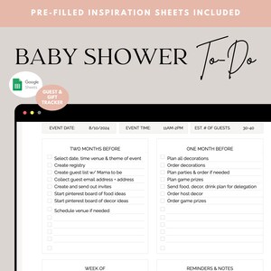Pre-Filled Inspiration Sheets Included. Baby Shower Planner. Google Sheets. Google Sheets
