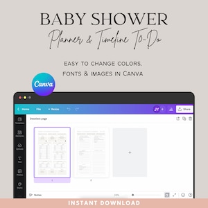 May include: A screenshot of a Canva design template for a baby shower planner and timeline. The template is divided into two pages, with the first page showing a checklist of tasks and the second page showing a timeline of events. The template is easy to customize with different colors, fonts, and images.