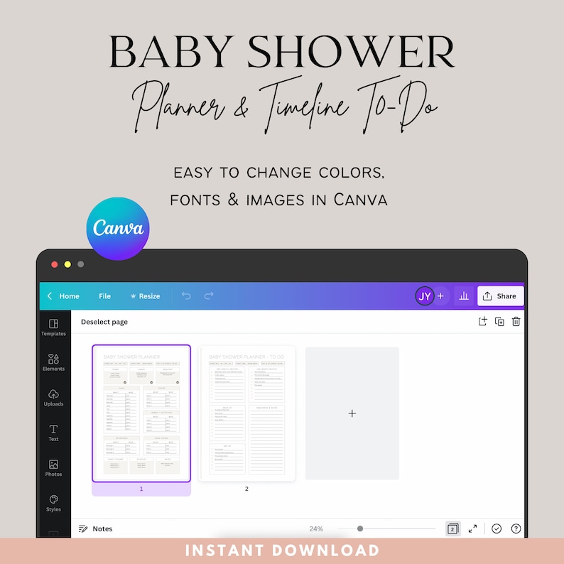 May include: A screenshot of a Canva design template for a baby shower planner and timeline. The template is divided into two pages, with the first page showing a checklist of tasks and the second page showing a timeline of events. The template is easy to customize with different colors, fonts, and images.