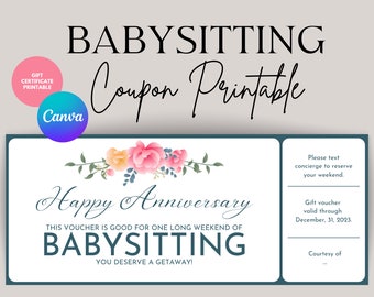 Babysitting Gift Coupon - INSTANT DOWNLOAD, editable text | Printable Voucher | Last Minute Gift | Personalized Certificate | Gift Voucher