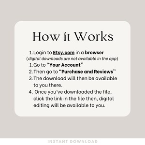 How to access digital downloads on Etsy.Login to Etsy.com in a browser
 (digital downloads are not available in the app)
Go to “Your Account”
Then go to “Purchase and Reviews”
The download will then be available to you there.