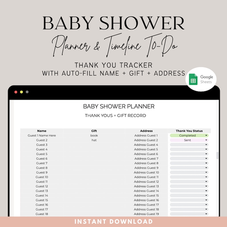 Baby Shower Planner & Timeline To Do Template. Thank You Tracker with Auto-Fill Name + Gift + Address. Google Sheets