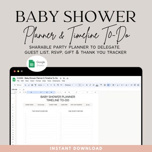 Baby Shower Planner Template with Timeline To-Do. Sharable Party Planner to Delegate. Guest List, RSVP Gift & Thank You Tracker. Google Sheets