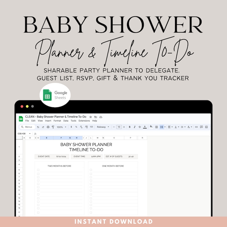 Baby Shower Planner Template with Timeline To-Do. Sharable Party Planner to Delegate. Guest List, RSVP Gift & Thank You Tracker. Google Sheets
