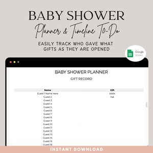Baby Shower Planner Template with Timeline To-Do. Gift Tracker. Easily Track Who Gave What Gifts as they are opened. Google Sheets