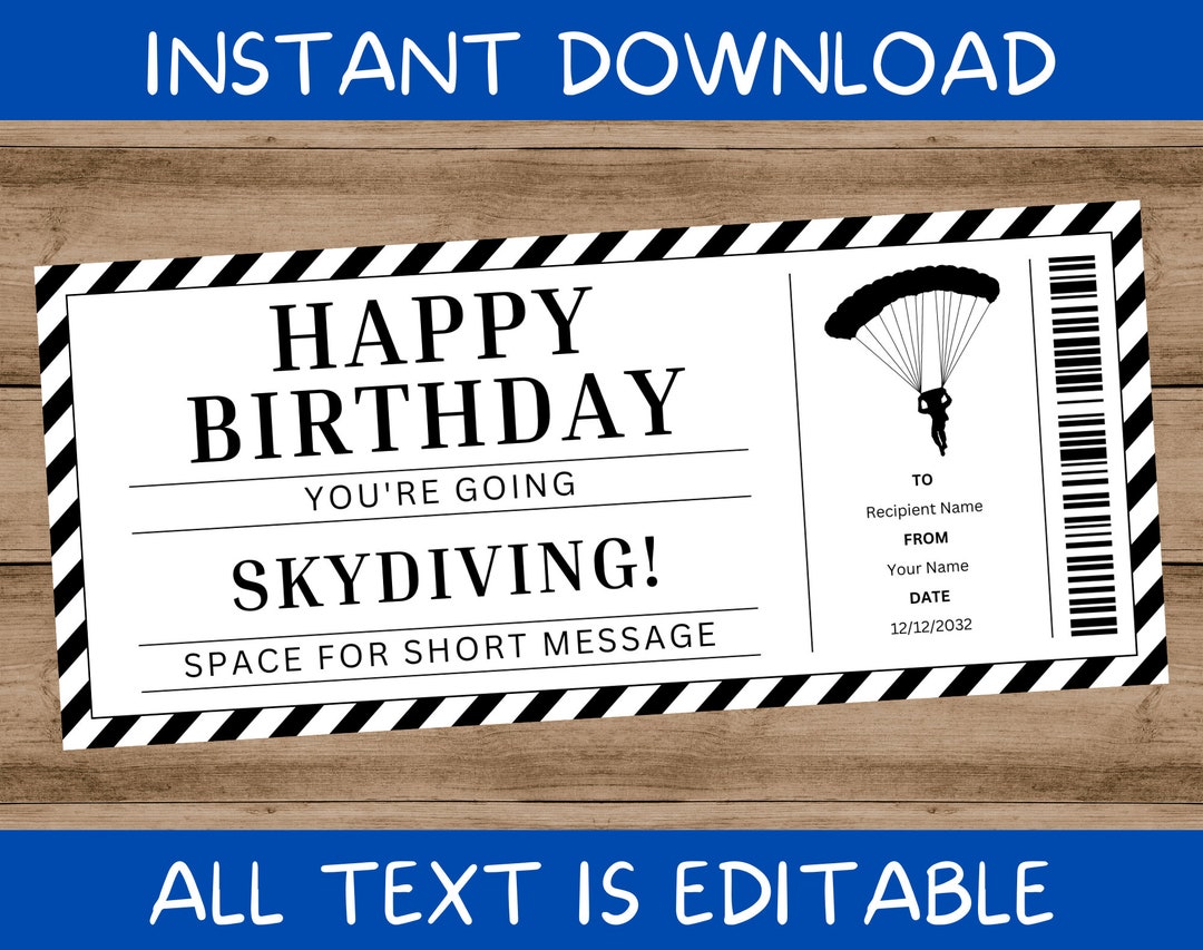 Birthday Skydiving Ticket Card Voucher Certificate Coupon Etsy