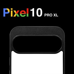 May include: Black phone case with a large camera cutout and a white screen. The words "Pixel 10 Pro XL" are displayed in white and the Google logo colors.