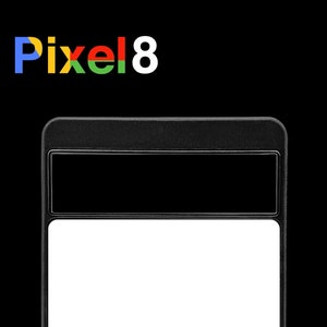 May include: A black phone case with a white screen and the text "Pixel 8" in colorful letters on a black background.