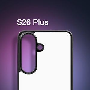 May include: A black phone case with a unique design, featuring a white interior and a distinctive black frame. The text "S26 Plus" is displayed in white at the top, set against a gradient purple and blue background.