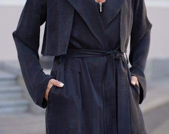 Long trench overcoat, Vintage trench jacket, long oversized coat, black trench cardigan, overcoat women trench