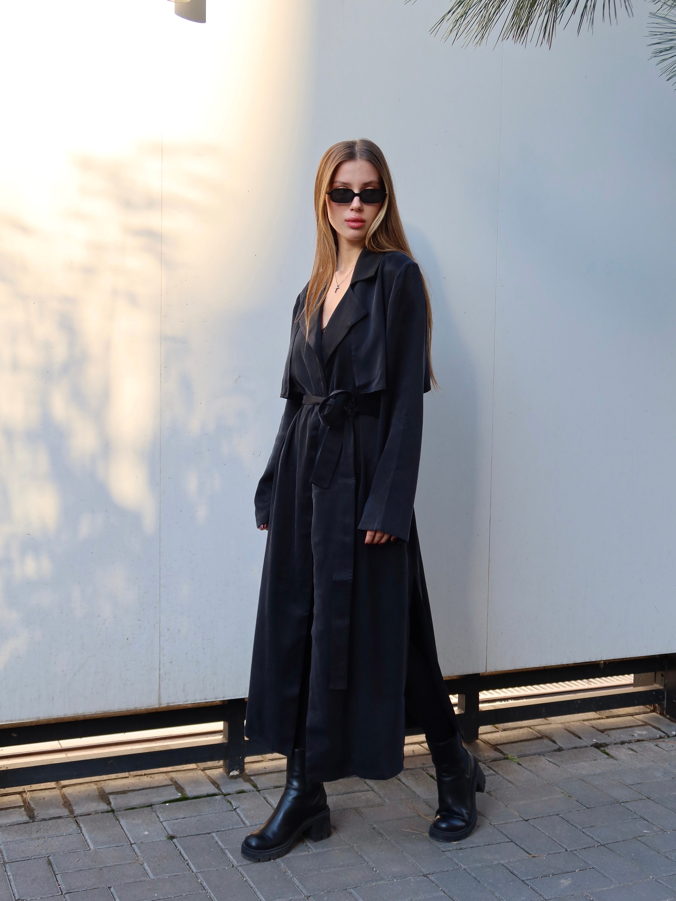 Black Trench Coat, Long Outerwear, Vintage Overcoat, Boho Cardigan