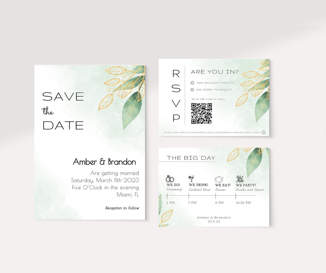 Greenery Wedding Invite, Green and Gold Wedding Invitation Template ...