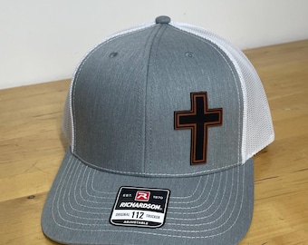 Engraved Leather Patch Cross Hat - Richardson 112 - Christian Gift