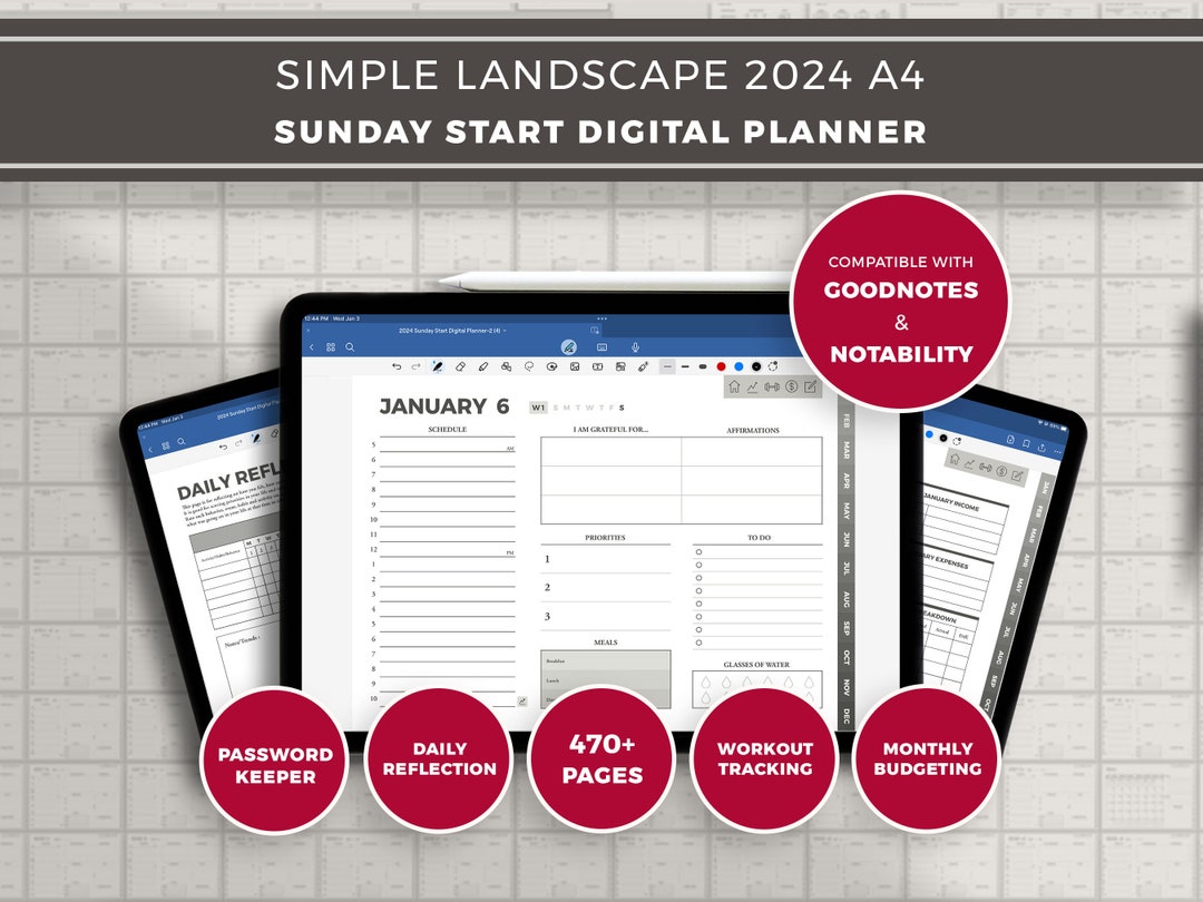 Minimalist 2024 Sunday Start Digital Planner for Goodnotes and ...