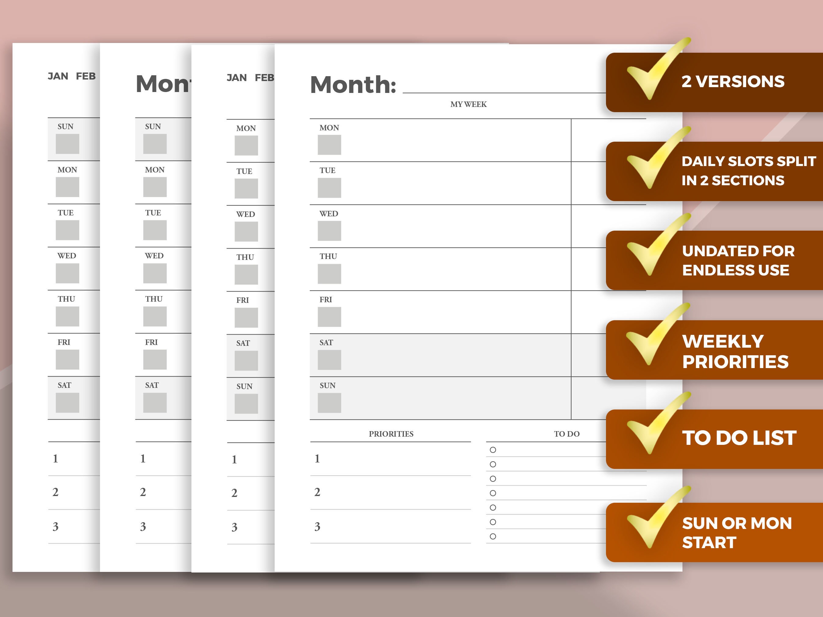 Undated Weekly Calendar / Printable Fillable Sunday and Monday Start ...