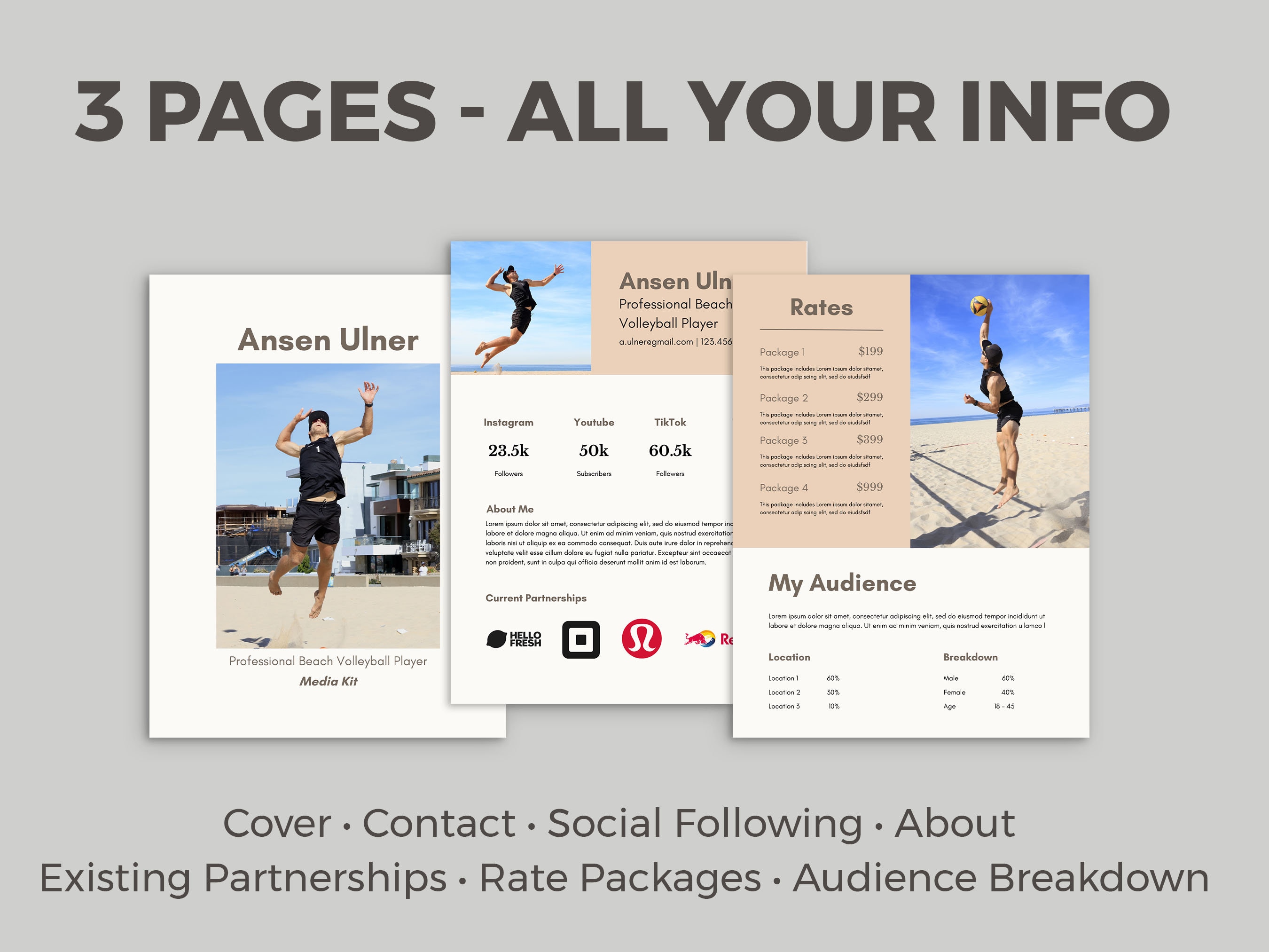 3 Page Athlete Media Kit Digital Canva Template / Influencer Digital