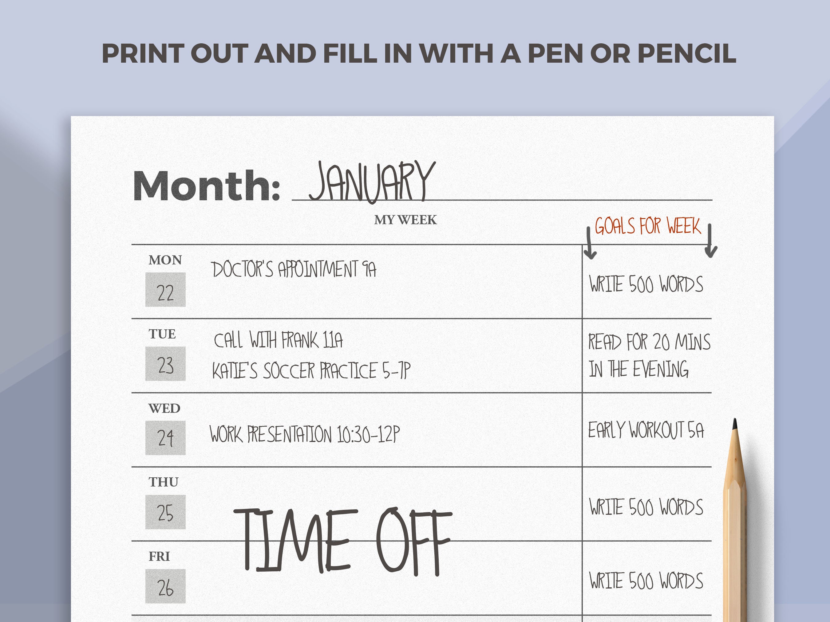 Undated Weekly Calendar / Printable Fillable Sunday and Monday Start ...