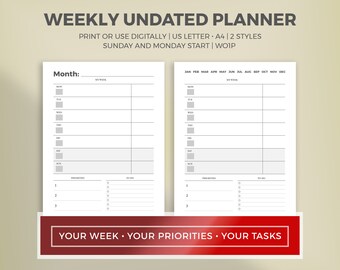 Undatierter Wochenkalender / druckbarer ausfüllbarer Sonntag und Montag Start Wochenkalender / Digitale Goodnotes-Woche auf 1 Seite, WO1P Planer