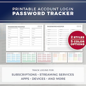 Printable Password Log Bundle / Login and Account Keeper for Streaming Services, Apps, Websites and More