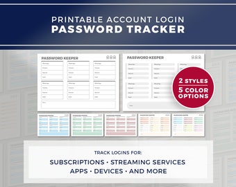 Printable Password Log Bundle / Login and Account Keeper for Streaming Services, Apps, Websites and More