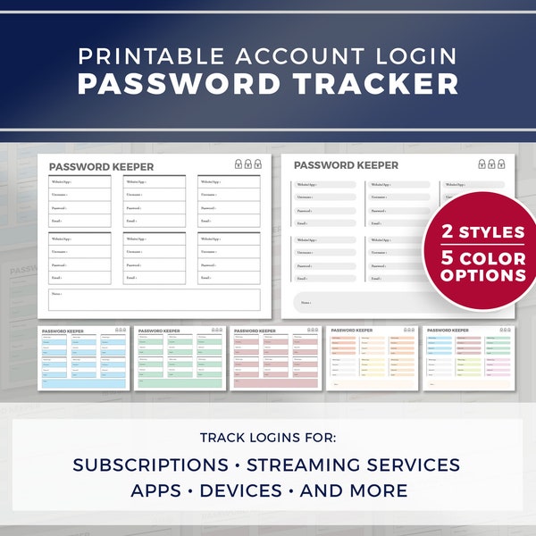 Printable Password Log Bundle / Login and Account Keeper for Streaming Services, Apps, Websites and More