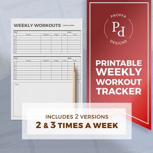 Könnte beinhalten: Druckbarer wöchentlicher Trainingstracker mit zwei Versionen: eine für 2 Tage pro Woche und eine für 3 Tage pro Woche. Der Tracker bietet Platz für Übung, Wiederholungen, Gewicht, Sätze, Datum und Notizen.