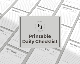 Könnte beinhalten: Ein druckbarer täglicher Checkliste mit dem Text "TODAY'S CHECKLIST" oben auf jeder Seite. Die Checkliste enthält Abschnitte für Affirmationen, tägliche Reflexionen und Dankbarkeit.