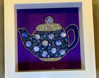 Recycled Jewelry Teapot 6x6 Shadow Box, Blue and Silver, Handmade Art