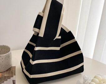 Fashion Stripe Bag, High-quality yarn tote bag, Women Handbag, knitted handbag, Color Shopping Bag, Wide stripe tote bag, Stylish Wrist Bag