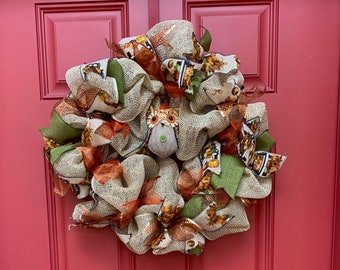 Deco Mesh Fall Themed Wreath, Jute Mesh Farmhouse Theme, Front Door Decorative Wreath