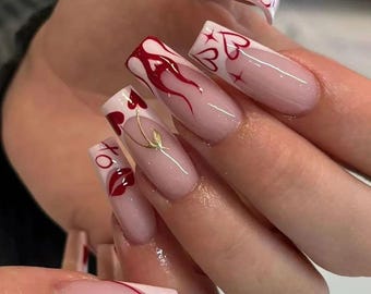 Valentine Flame Love Press On Nails | Red Heart & Lip Art | Dark Cherry Flame French | Coffin Shape | Luxury Handmade Nail Set