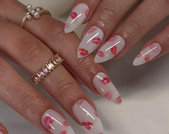 Valentine Kiss Press On Nails | White Almond Fake Nails with Lip Print | Handmade Romantic Nail Art for Date Night or Gift