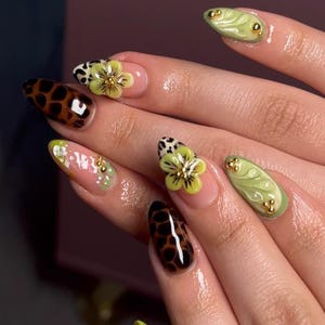 Olive Green Press On Nails with 3D Flower, Leopard Print | Medium Almond Fake Nails | Handmade Nails Art for Fall ,Everyday & Gift